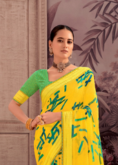Yellow Georgette Shimmer Saree with Green Abstract Print