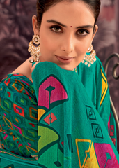Teal Green Georgette Shimmer Saree with Colorful Abstract Prints