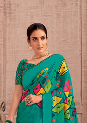Teal Green Georgette Shimmer Saree with Colorful Abstract Prints