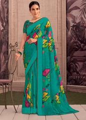 Teal Green Georgette Shimmer Saree with Colorful Abstract Prints