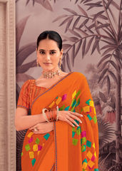 Orange Georgette Shimmer Saree with Multicolor Cube Print
