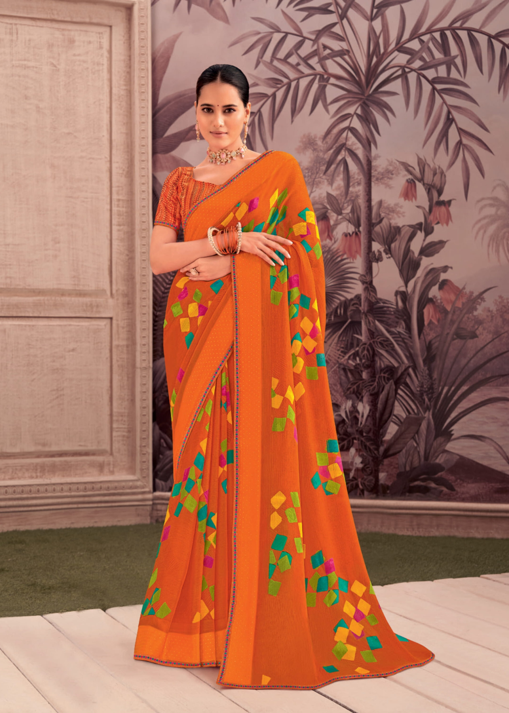 Orange Georgette Shimmer Saree with Multicolor Cube Print