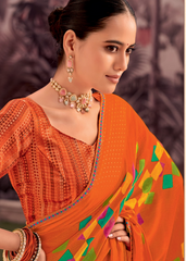 Orange Georgette Shimmer Saree with Multicolor Cube Print