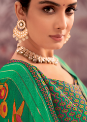 Green Georgette Shimmer Saree with Artistic Multicolor Prints