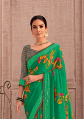 Green Georgette Shimmer Saree with Artistic Multicolor Prints
