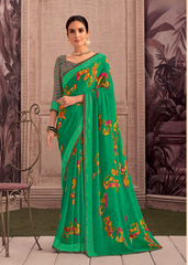 Green Georgette Shimmer Saree with Artistic Multicolor Prints