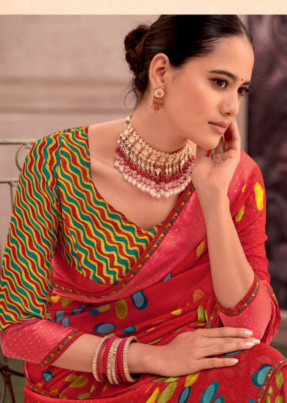 Red Georgette Shimmer Saree with Vibrant Leaf Motifs