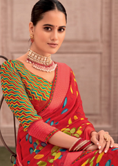 Red Georgette Shimmer Saree with Vibrant Leaf Motifs