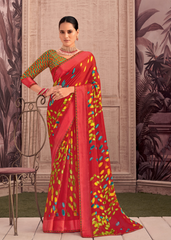 Red Georgette Shimmer Saree with Vibrant Leaf Motifs