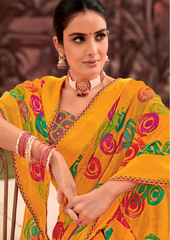 Yellow Georgette Shimmer Saree with Multicolor Spiral Print