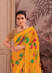 Yellow Georgette Shimmer Saree with Multicolor Spiral Print