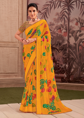 Yellow Georgette Shimmer Saree with Multicolor Spiral Print