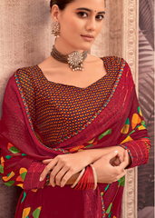 Maroon Georgette Shimmer Saree with Multicolor Leaf Print