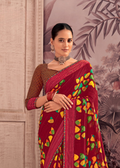 Maroon Georgette Shimmer Saree with Multicolor Leaf Print