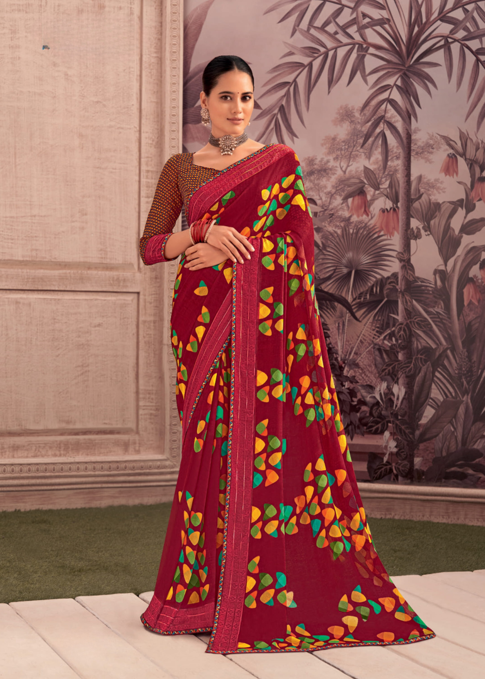 Maroon Georgette Shimmer Saree with Multicolor Leaf Print