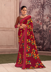 Maroon Georgette Shimmer Saree with Multicolor Leaf Print