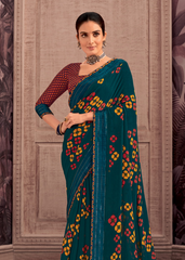 Teal Georgette Shimmer Saree with Yellow & Red Motifs