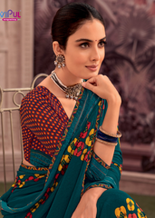 Teal Georgette Shimmer Saree with Yellow & Red Motifs