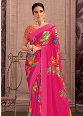 Pink Georgette Shimmer Saree with Colorful Abstract Motifs