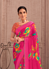 Pink Georgette Shimmer Saree with Colorful Abstract Motifs