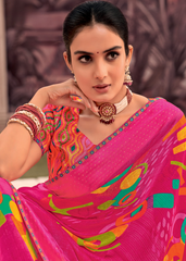 Pink Georgette Shimmer Saree with Colorful Abstract Motifs