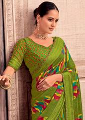 Green Georgette Shimmer Saree with Multicolor Abstract Prints