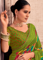 Green Georgette Shimmer Saree with Multicolor Abstract Prints