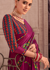 Purple Georgette Shimmer Saree with Vibrant Abstract Print
