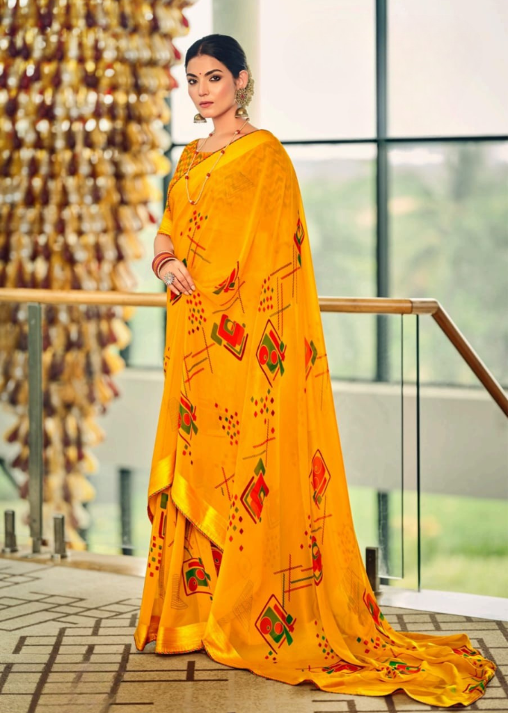 Bright Yellow Georgette Shimmer Saree with Print