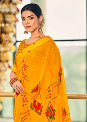 Bright Yellow Georgette Shimmer Saree with Print