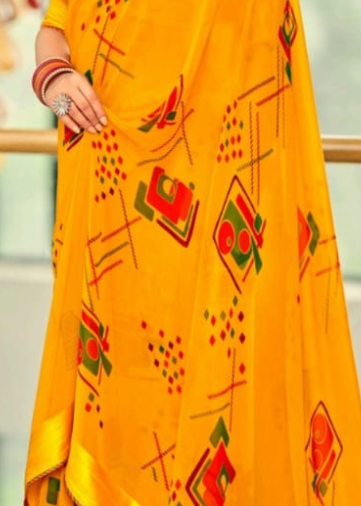 Bright Yellow Georgette Shimmer Saree with Print