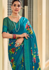 Teal Blue Georgette Shimmer Saree with Abstract Print