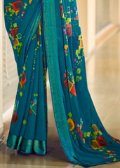 Teal Blue Georgette Shimmer Saree with Abstract Print