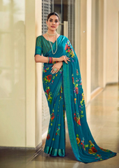 Teal Blue Georgette Shimmer Saree with Abstract Print