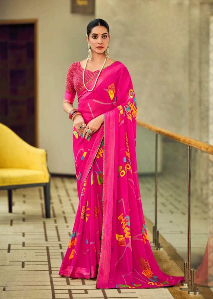 Pink Georgette Shimmer Saree with Abstract Digital Print