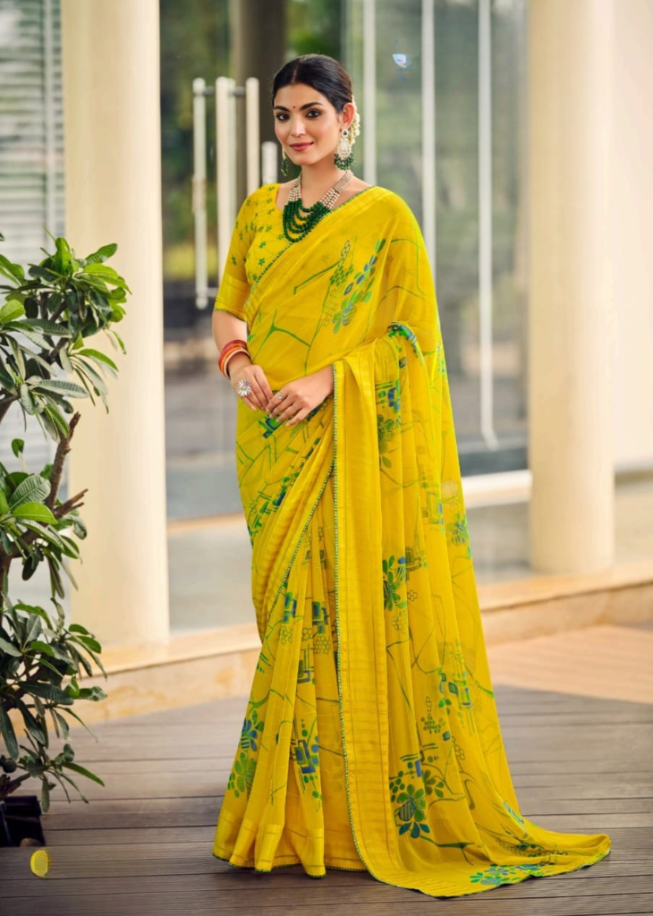Yellow Georgette Shimmer Saree with Artistic Digital Print