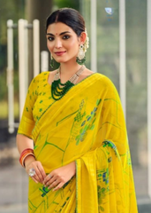 Yellow Georgette Shimmer Saree with Artistic Digital Print