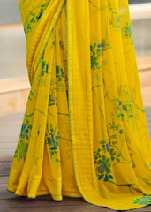 Yellow Georgette Shimmer Saree with Artistic Digital Print