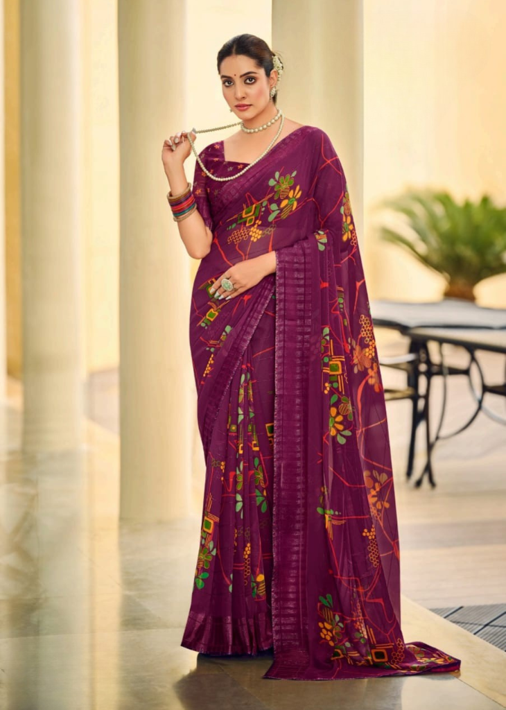 Wine Georgette Shimmer Saree with Modern Digital Print