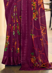 Wine Georgette Shimmer Saree with Modern Digital Print
