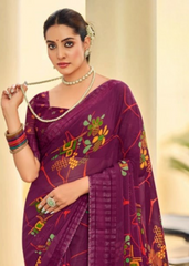 Wine Georgette Shimmer Saree with Modern Digital Print