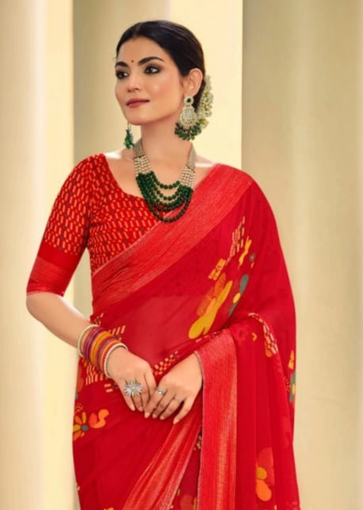 Red Georgette Shimmer Saree with Bold Digital Prints