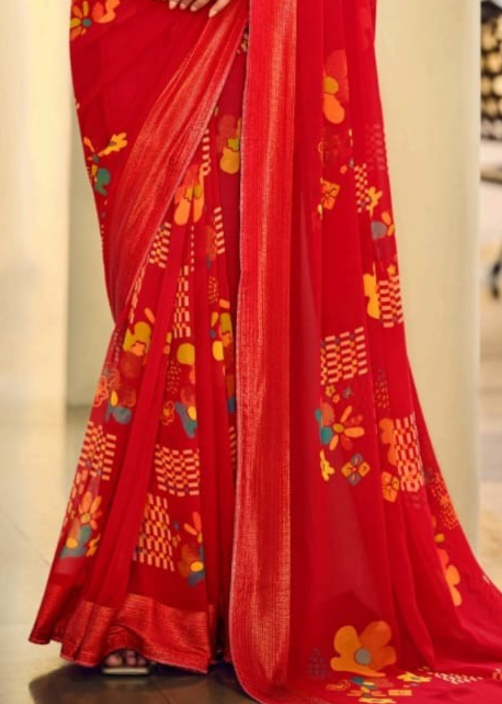 Red Georgette Shimmer Saree with Bold Digital Prints