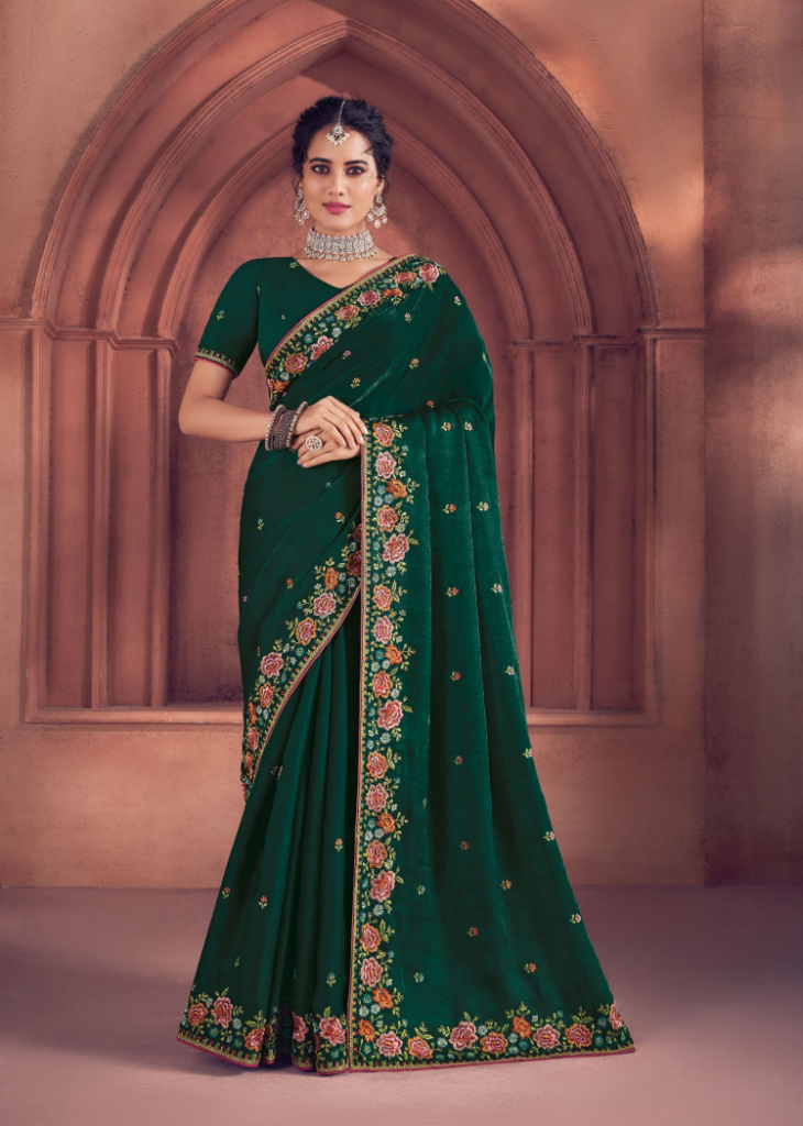 Green Bridal Organza Saree with Embroidery Work