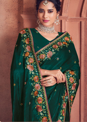 Green Bridal Organza Saree with Embroidery Work