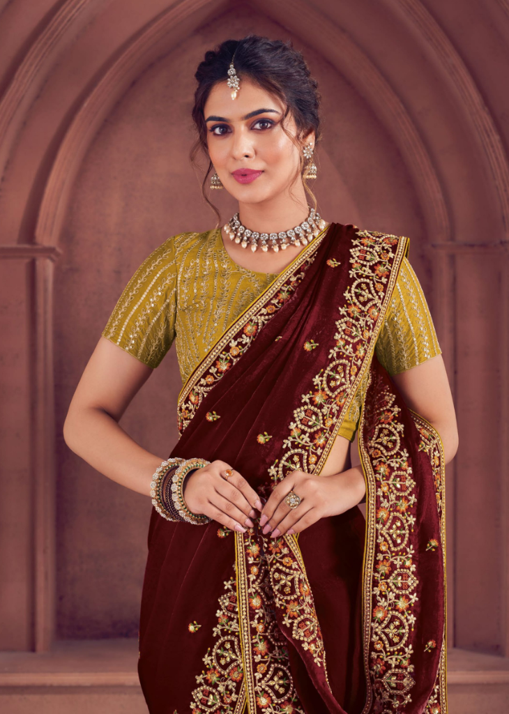 Maroon Bridal Organza Saree with Embroidery Border