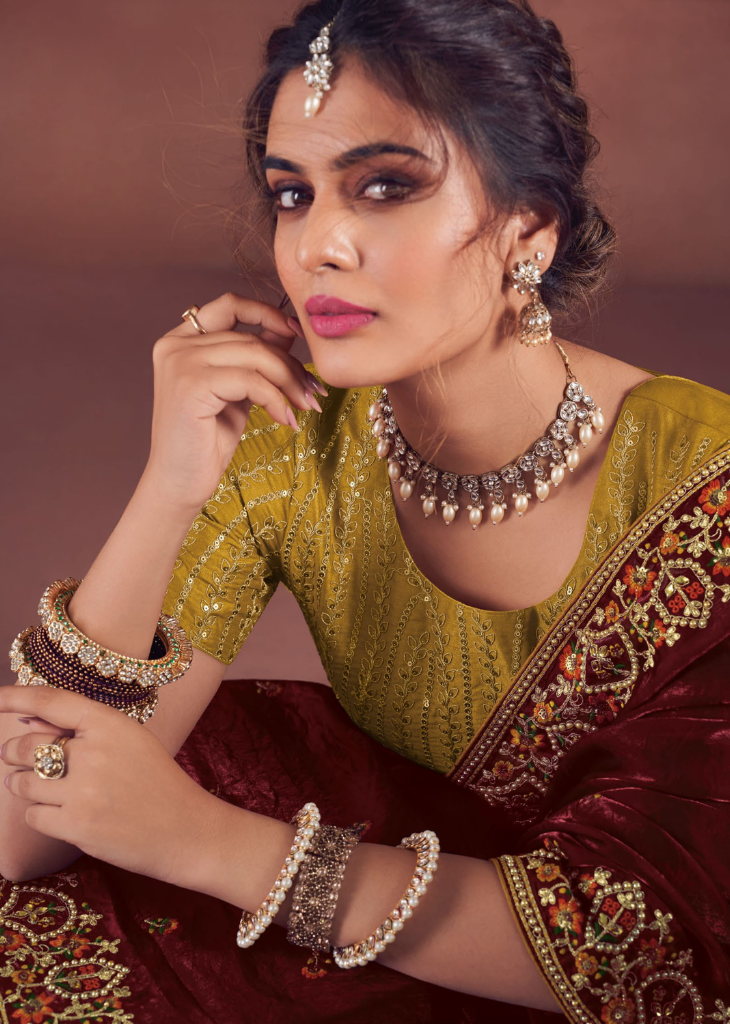 Maroon Bridal Organza Saree with Embroidery Border