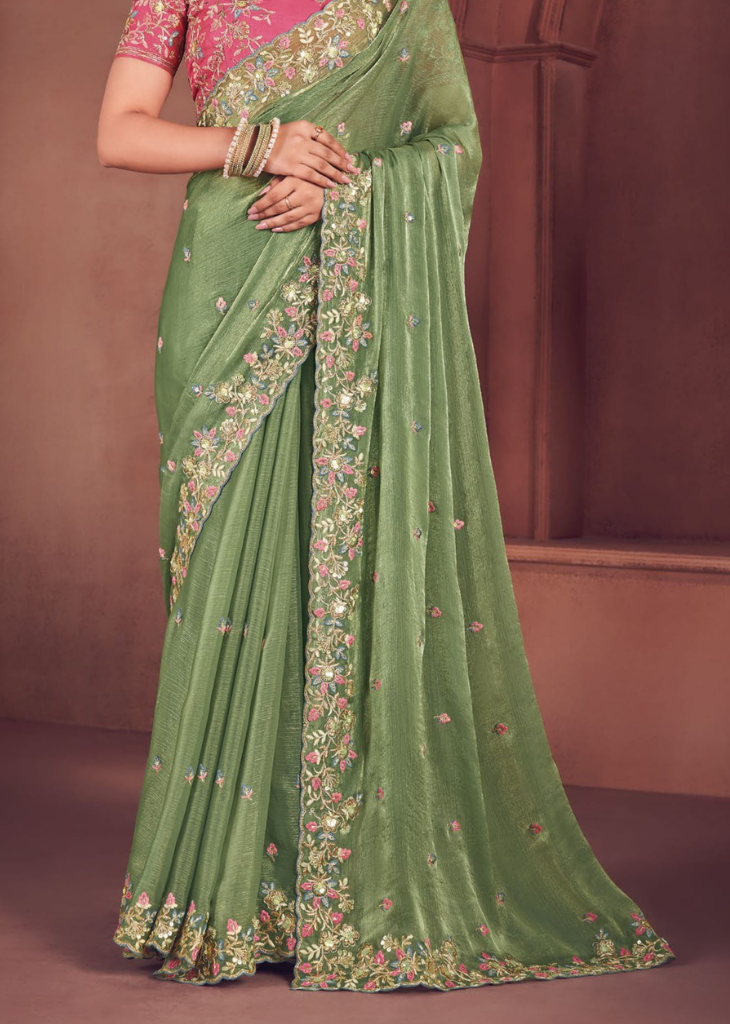 Sage Green Organza Saree with Embroidery Detailing