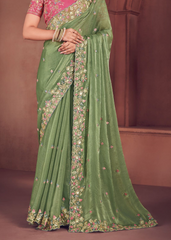 Sage Green Organza Saree with Embroidery Detailing