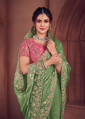 Sage Green Organza Saree with Embroidery Detailing